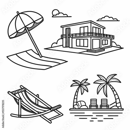  Beachfront Villa Icons. Outline icon set of beachfront villas: lounge chair, infinity pool, beach umbrella, sunbed, hammock, villa 