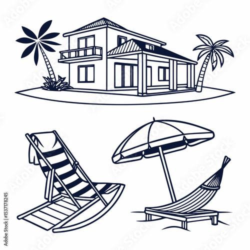  Beachfront Villa Icons. Outline icon set of beachfront villas: lounge chair, infinity pool, beach umbrella, sunbed, hammock, villa 
