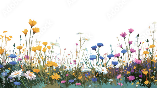 Close-up image of a diverse array of wildflowers in a meadow, presented against a pure white background. The image features a variety of flower types and colors, including daisies, cornflowers