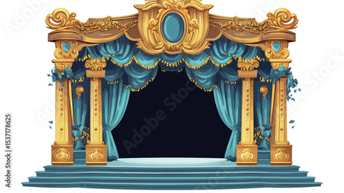Digital illustration of an ornate stage archway. The archway is primarily gold with intricate detailing and features two teal curtains framing a dark opening.  Pillars support the structure