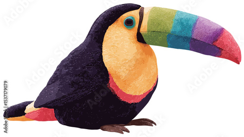 A close-up shot of a plush toucan toy. The toy is predominantly black with a yellow chest and a large, multi-colored beak featuring bands of red, orange, yellow, green, blue, and purple.