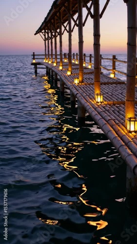 Wallpaper Mural Bamboo pier with lanterns over calm ocean at sunset Torontodigital.ca