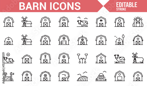Editable Set of Barn, Farm, and Agricultural Icons for Rural and Farming Designs