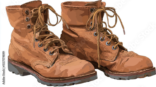 A close-up image depicting a pair of well-worn, light brown leather boots. The boots are lace-up style with visible wear and tear on the leather, showing creases, scratches, and discoloration