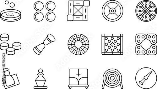 Collection of different board games and entertainment in black and white outline