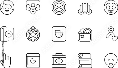 Set of outline icons representing social media internet business and emotions