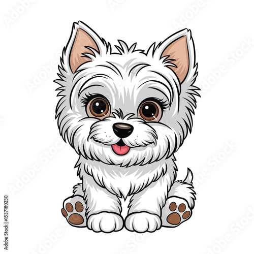 A cute, fluffy white puppy with large, round brown eyes and perky ears, resembling a West Highland White Terrier.