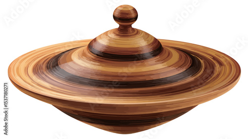 Close-up studio shot of a handcrafted wooden bowl with a lid. The bowl and lid exhibit a striking swirling pattern of concentric circles in various shades of brown, orange, and dark brown
