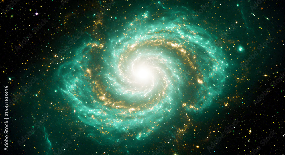 Stunning cosmic spiral galaxy illuminated in ethereal teal and gold hues against the void Stunning cosmic spiral galaxy illuminated in ethereal teal and gold hues against the void