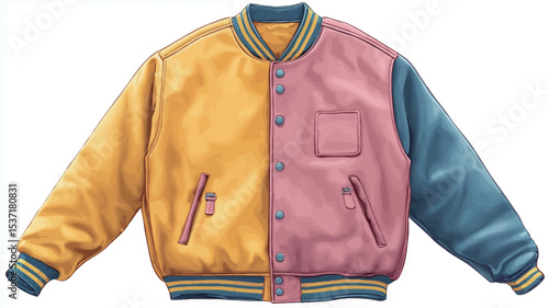 An illustration of a two-tone varsity jacket. The jacket is predominantly yellow and pink, with blue sleeves. It features a ribbed collar, cuffs, and waistband.  The jacket has two visible pockets
