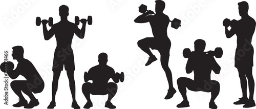 Man, Squat Exercise Silhouette Set. Dumbbell Fitness Workout Vector Icons.