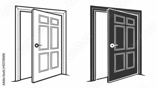 Black and white wooden doors, open or closed, define the architectural entrance and interior design of a home