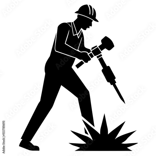 Worker operating jackhammer silhouette