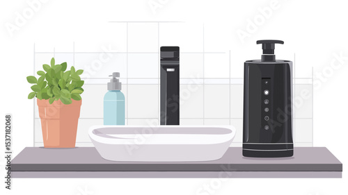 Flat lay illustration depicting a modern white ceramic bathroom sink on a gray countertop.  A small potted green plant is positioned to the left.  To the right, a black pump bottle of soap sits on
