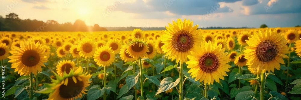 Fototapeta premium Endless rows of vibrant sunflowers bask in the summer sun, their golden faces turned towards the light, creating a breathtaking natural landscape , sunflowers, ecology, nature