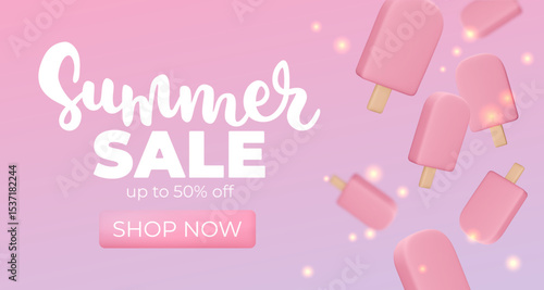 Banner with pink Ice cream on pink background, summer sale, up to 70%, 3d render. Design elements. Realistic sweet food poster. Vector illustration for menu, shop, flyer, web, adv, sale