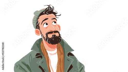 A digital illustration depicting a stylized portrait of a man with a beard and beanie, wearing a jacket and scarf. The man is looking upwards with a thoughtful expression. The style is cartoonish