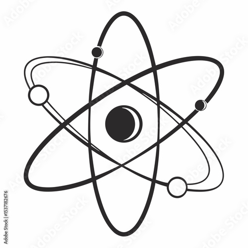 Atom symbol icon with 3D molecular structure on black background representing atomic and quantum science concepts