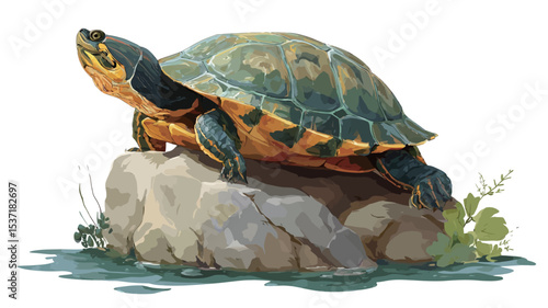 A detailed digital painting or illustration of a painted turtle perched on a gray rock near the water's edge. The turtle is depicted in profile view, showcasing its vibrant shell with green,
