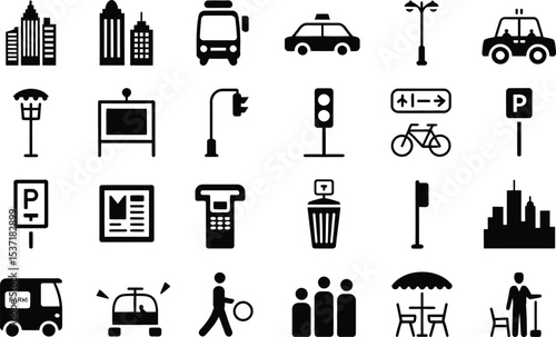 Urban cityscape pictogram icons featuring transportation buildings and pedestrian elements