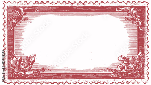 A digital image of a rectangular postage stamp frame. The frame is red with a white center.  The frame features a floral design in a muted red tone at each corner, suggesting roses or similar