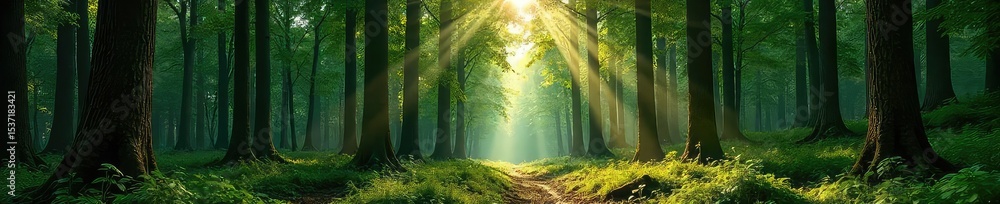 Fototapeta premium A dense stand of towering timber trees in a lush green forest, sunlight dappling through the canopy Perfect for forestry, lumber, and environmental themes , untouched wilderness, natural resources