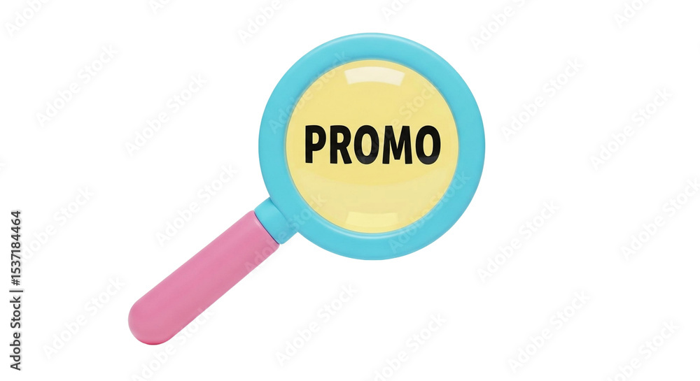 Magnifying glass with the word promo inside the lens, handle is pink and the lens is yellow and blue on transparent background Magnifying glass with the word promo inside the lens, handle is pink and the lens is yellow and blue on transparent background