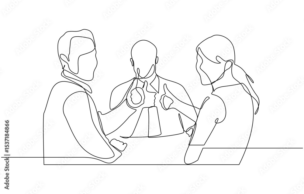 Continuous one line drawing young happy male and female managers raise their hand into the air and giving thumbs up gesture.business teamwork, collaboration concept, single line art. Continuous one line drawing young happy male and female managers raise their hand into the air and giving thumbs up gesture.business teamwork, collaboration concept, single line art.