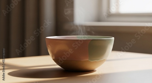Wallpaper Mural Steaming bowl on table with window light creating shadows and a warm, inviting atmosphere Torontodigital.ca