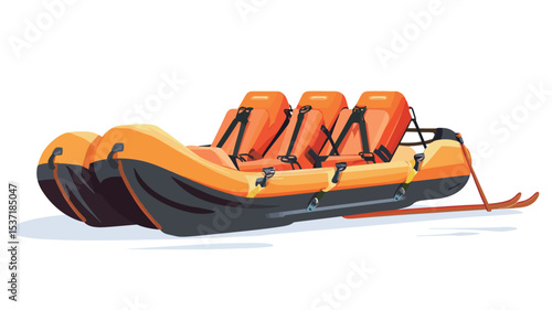 A digital illustration depicts a three-person inflatable snow raft.  The raft is predominantly orange with a black base and features three individual orange seats, each with safety straps. 