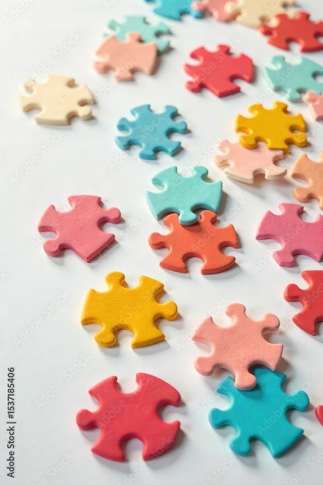 Fototapeta premium A scattering of simple, unadorned puzzle pieces, various shapes and sizes, lie on a clean, neutral background Perfect for concepts of simplicity, unity, or problem-solving , overhead, forms, hobby