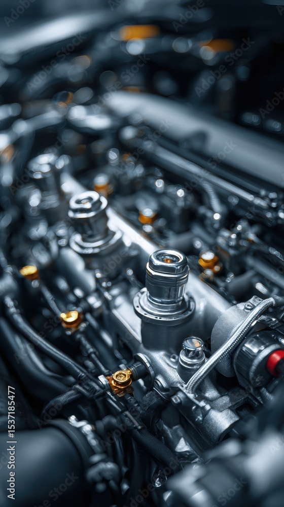 Fototapeta premium Close-up of a Complex Engine with Intricate Components and Valves