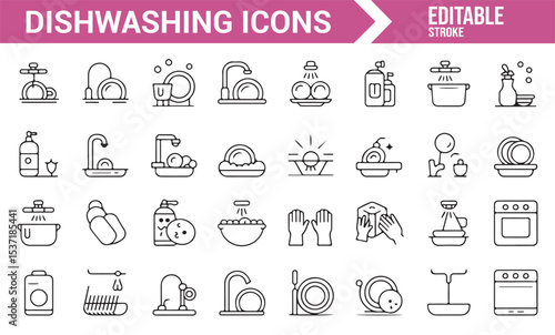 Editable Kitchen and Dishwashing Icons for Household Chores