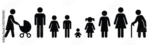 Silhouette set of family members including parents, children, and baby figures, symbolizing generational diversity