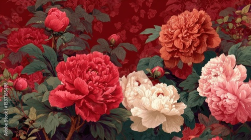 Fototapeta Naklejka Na Ścianę i Meble -  Vibrant Peonies in Bloom Against a Deep Red Background