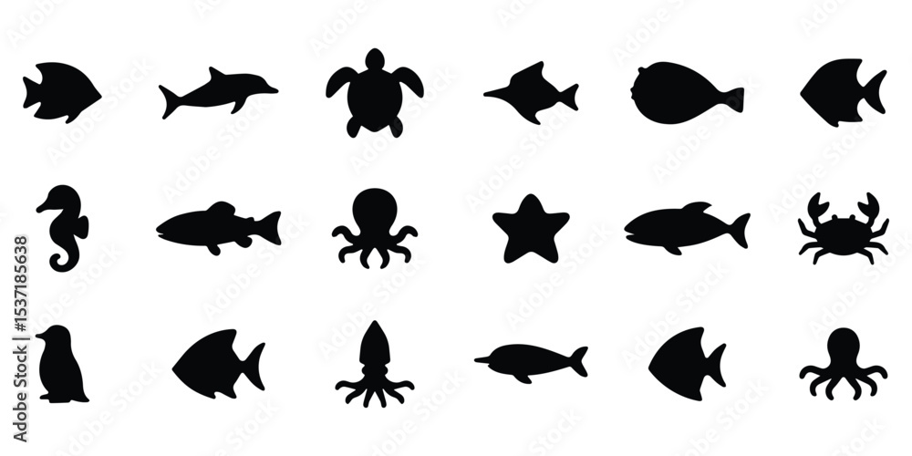 Fototapeta premium Silhouettes of various sea animals including fish, octopus, crab, and turtle, isolated vector marine life icons