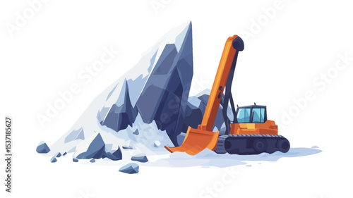 A stylized vector illustration depicting an orange excavator with a large shovel actively excavating a pile of ice or rock.  The ice/rock is depicted in shades of blue and white, contrasting with