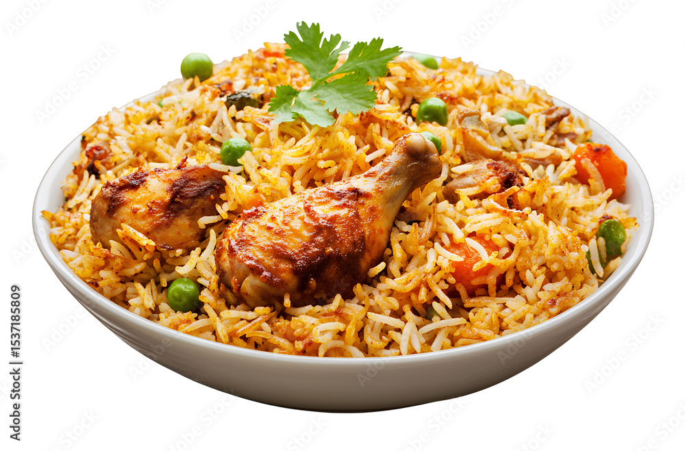 A realistic photograph of biryani with chicken, with a transparent background. A realistic photograph of biryani with chicken, with a transparent background.