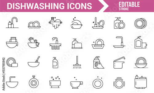 Vector Icons Representing Dishwashing, Cleaning Supplies, and Kitchen Tasks