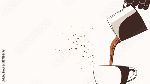 A minimalist vector illustration depicting coffee being poured from a coffee pot into a coffee cup. The liquid is dark brown, and there are small brown coffee bean-like particles scattered in the