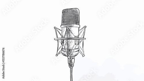 A grayscale pencil sketch depicting a condenser microphone mounted on a shock mount stand. The drawing is detailed, showing the microphone's body, grill, and the intricate design of the stand.