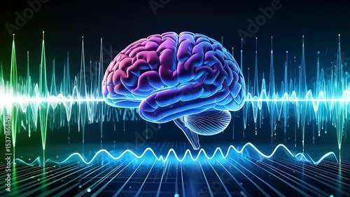 Vivid brain visualization with audio wave pattern, showcasing neural activity and data processing in a technologically advanced setting.