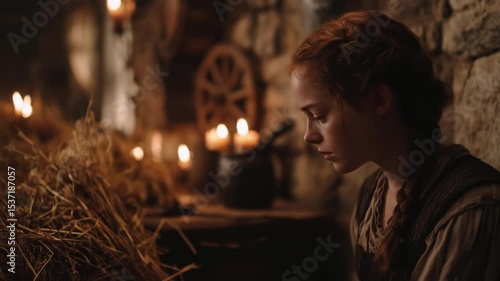 Pensive young woman with braided hair sits by candlelight in a rustic medieval setting, surrounded by hay and stone walls, evoking historical or fantasy themes