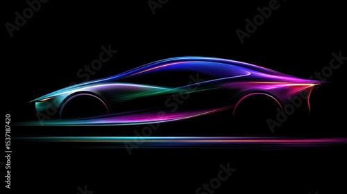 Sleek, futuristic car silhouette with vibrant neon outlines against a dark background