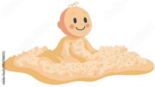 Digital illustration of a cartoon baby sitting in a large amount of yellow foam or bubbles. The baby is depicted with a simple, stylized design, featuring a round head, simple features