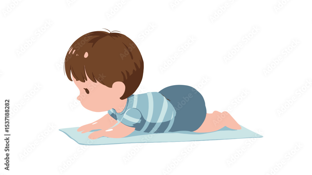 Digital illustration of a cute baby boy with brown hair crawling on a light blue play mat. The baby is depicted in a striped shirt and dark blue shorts. The style is cartoonish and features soft Digital illustration of a cute baby boy with brown hair crawling on a light blue play mat. The baby is depicted in a striped shirt and dark blue shorts. The style is cartoonish and features soft