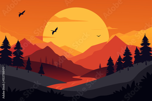 Experience the breathtaking beauty of a mountain landscape at dawn or dusk, as the sun casts a vibrant orange and red glow across the sky, creating stunning silhouettes of hills and mist