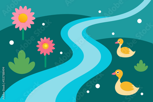 Illustration of lovebirds on a spring branch with vintage floral decoration