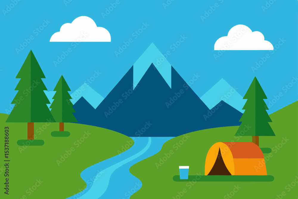 Winter mountain landscape illustration with a camping tent under a sunset sky Winter mountain landscape illustration with a camping tent under a sunset sky