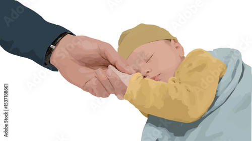 A digital illustration depicting a close-up view of a father's hand gently holding the hand of a sleeping baby. The baby is swaddled in a light-grey blanket and is wearing a yellow top and a yellow